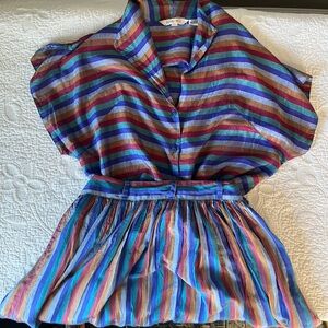 Vintage Silk & Cotton Colorful Striped Button-Up Top & Skirt Set.